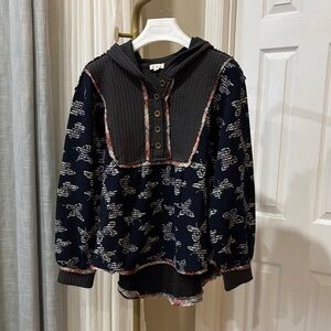 NEW POL Dark Navy Butterfly Knitted Hoodie with Waffle Hood Patch Trim Sz Small